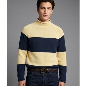 J.Crew Sweater Mens Size Medium Rollneck 1988 Navy Blue Yellow Rugby Stripe NWT